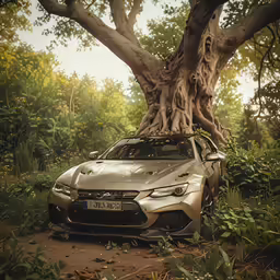 a car parked under the tree in the wild