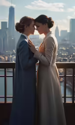 a man and woman embracing each other on a balcony