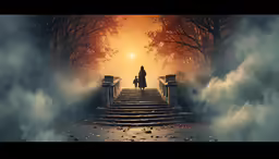 a person walking down some steps through smoke
