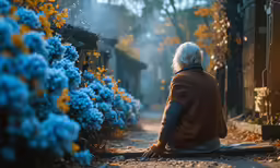 the person is sitting on a carpet of flowers in front of a path