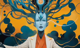 a painting of an individual being surrounded by trees and lava