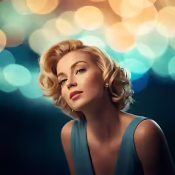 the woman has blonde hair and is wearing a blue dress