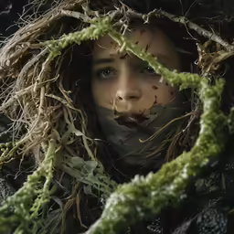 a woman is covered with moss and a green scarf
