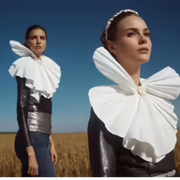 two woman standing in a wheat field wearing costumes
