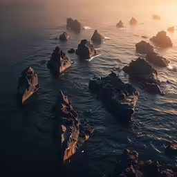the rocky coast is bathed by the setting sun
