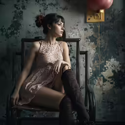 a woman sitting on top of a wooden chair in front of a wall