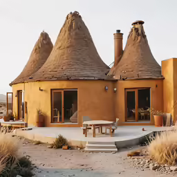 an adobe - style house in the middle of a dry landscape