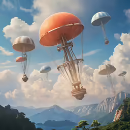 several hot air balloons flying over mountains and trees
