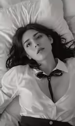 a black and white photo of a young woman laying in bed