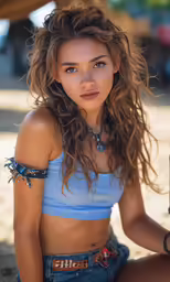 a woman in a blue top posing with her hand on her hip