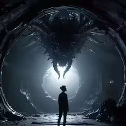a man stands in the middle of an alien city