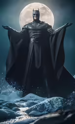 the batman is standing in water with his hands out