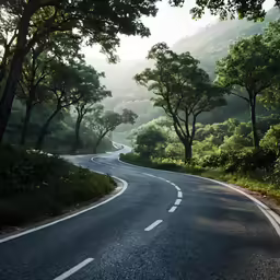 an empty curved road in the forest with trees