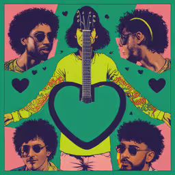 a painting of a man playing a guitar,a green, yellow, pink and red picture of two guitars, three men with heart - shaped neck bands