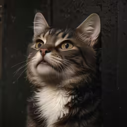 a cat stares up as he peers from behind a fence