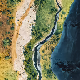 an aerial photograph of a river flowing out of the ocean
