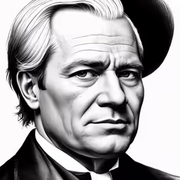 a drawing of a man in suit and tie with white hair
