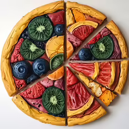 a decorative pizza with fresh fruit painted on it