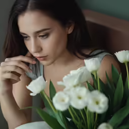 a girl is sitting near a bouquet of white flowers