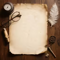 an old parchment with a key, pen, magnifying glass and a feather