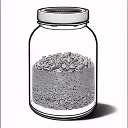 a glass jar filled with gravel on top of a white surface