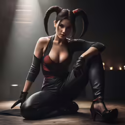 a female with horns, gloves and stockings kneeling on a wood floor