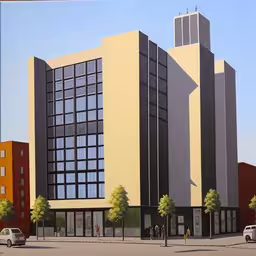 there is a drawing of a building on a street corner,an artist