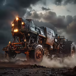 a large black truck is going down the road