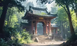 a gazebo sits among the trees and a path