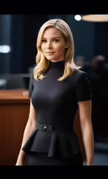 a woman in black dress standing in front of a counter