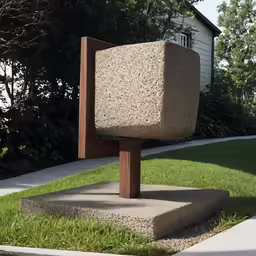 large concrete block displayed on lawn at edge of sidewalk
