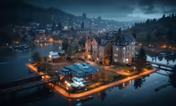 a view of the small town in a body of water