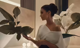 a woman holding flowers while wearing a white top