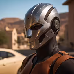a man in a red and gray mask stands by a car