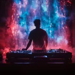 dj performing on a colorful stage with fireworks