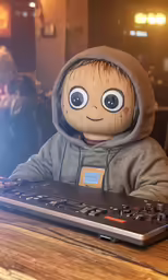 stuffed doll in hooded hoody sitting in front of a computer keyboard