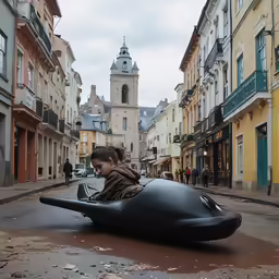 a woman sitting on top of a black sports car in the middle of street