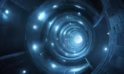 looking down at a futuristic circular metal structure