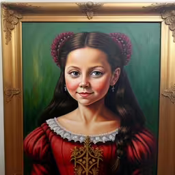 a painting of a young woman in a red dress,a portrait painting of a woman in red and gold