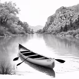 a single white boat is sitting in the water near rocks