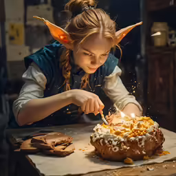 a girl lighting candles on a cake that looks like a baby yoda