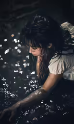 a woman holding her hand up to her chest in water