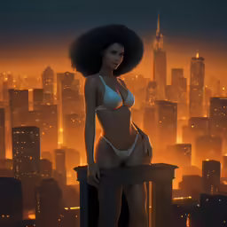a woman in a bikini standing on top of a roof