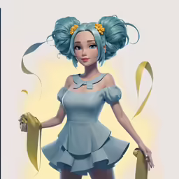 the 3d drawing is of a pretty woman with green hair and a pale dress