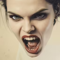 the vampire is making a strange face with her fangs