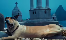 a brown dog laying on a rock covered beach