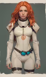 an attractive woman with orange hair wearing a white and black suit