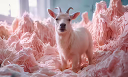 a goat with horns and long hair standing on fabric