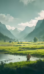 a man stands in a field near a stream