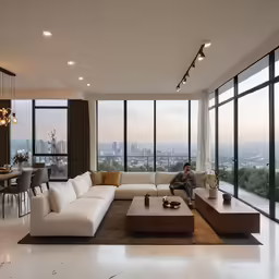 a living room area with many windows and furniture